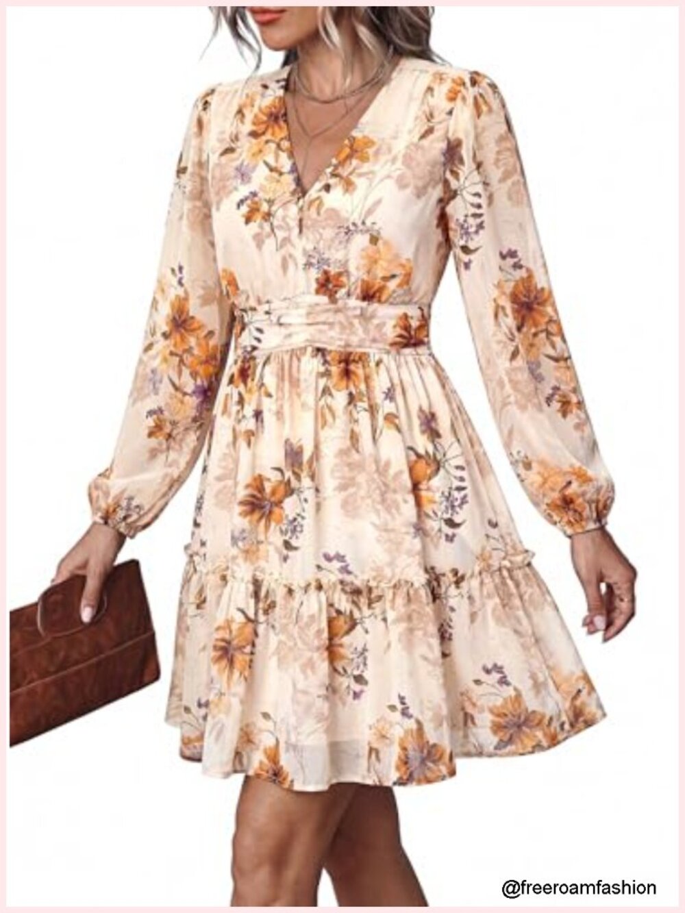 Women's Floral Mini Dress Long Sleeve V-Neck Fit & Flare Ruffle Hem A-Line - Picture 2 of 6